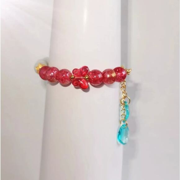 Red White Blue Wire Bracelet w Red Butterfly and Blue beaded Dangle Charms #329 - Picture 3 of 4
